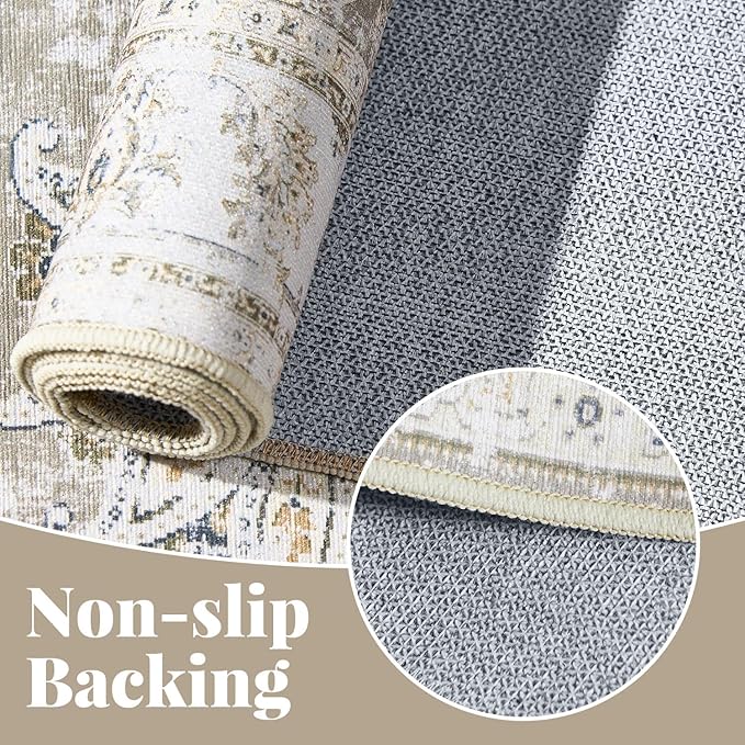 jinchan Hallway Runner Rug 3x8 Machine Washable Runner Rug Taupe Vintage Floral Design Non-Slip Low Pile Ultra-Thin for Kitchen Laundry Room Bedroom Farmhouse (3‘x8',Taupe)