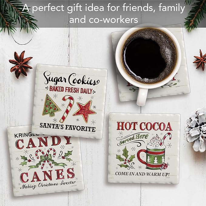 Thirstystone Holiday Treats 4 Pack Assorted Tumbled Tile Stone Coasters with Protective Cork Backing 4" Square Manufactured in The USA