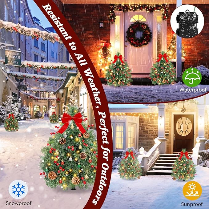 Lewondr Set of 2 Prelit Pathway Christmas Trees, 27.56" Outdoor Christmas Tree with 50 LED Lights, Pine Cones Red Berries, Battery Operated Outdoor Xmas Decor for Yard Home Porch, Green