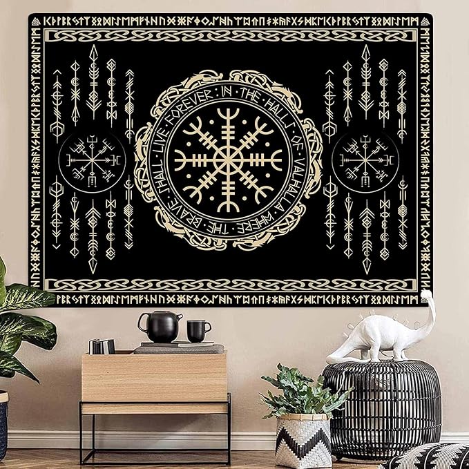 OSUNBD Nordic Vikings Tapestry Magical Runic Compass Wall Hanging Home Decor Vegvisir Runes Artwork Pagan Tapestry Art Hanging Decor Large Size 78.7”x59.1” for Bedroom Living Room Dorm