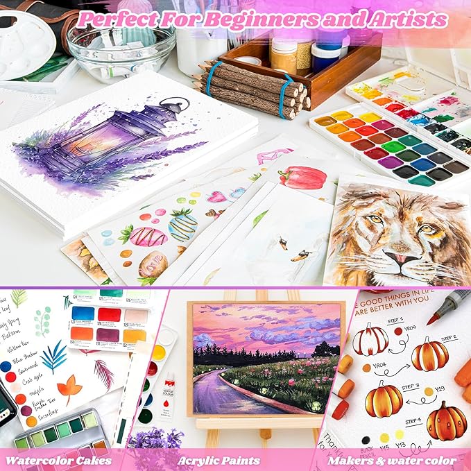 Watercolor Paper, Art Supplies for Adults Kids, 9"x12" Artist Sketch Easel Acrylic Painting Water Color Drawing Paper Bulk, Valentines Day Easter Gifts for 8 9 10 11 12 13 14 Year Old Teens Girl Boys