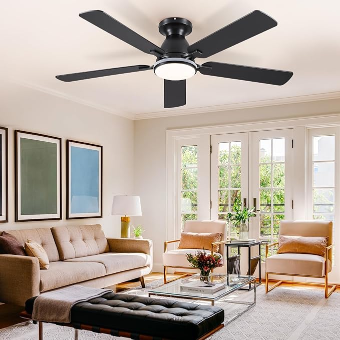 Ceiling Fans with Lights- 52" RGB Low Profile Indoor Ceiling Fan with Light and Remote/APP Control, Flush Mount, LED Dimmable DC Reversible Modern Ceiling Fan for Bedroom（Black）