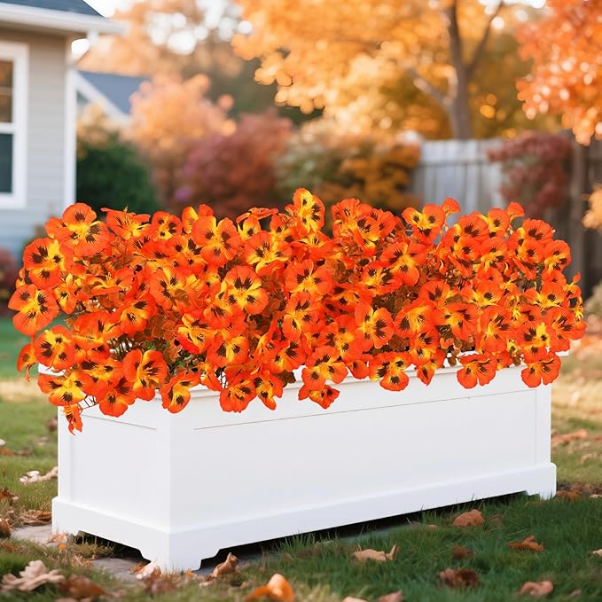 Ouddy Decor 15 Bundles Fake Mums Artificial Fall Flowers for Decorations, Fall Faux Pansy Flowers UV Resistant Fake Plants for Garden Porch Patio Farmhouse Autumn Harvest Thanksgiving Decor, Orange