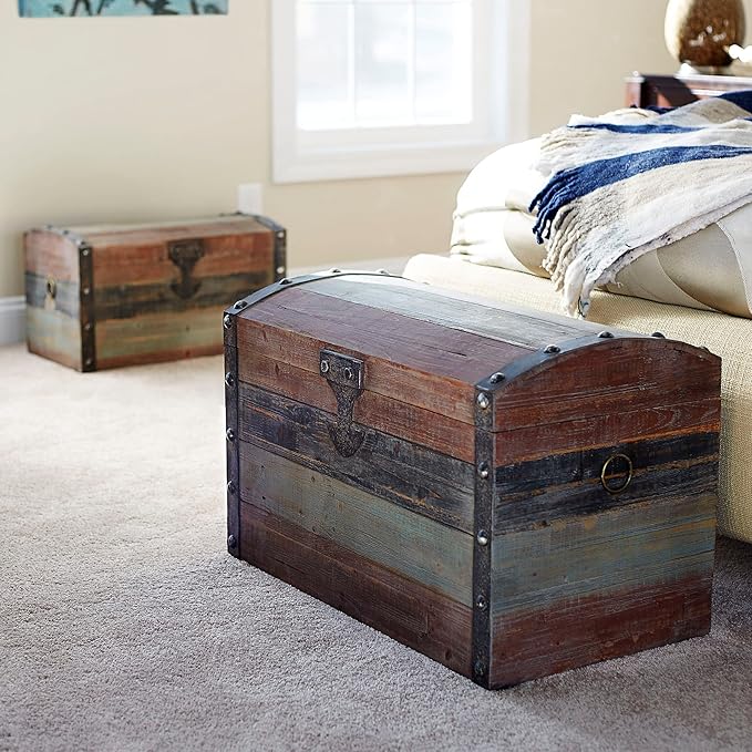 Household Essentials Wooden Storage Trunk Set, Large and Small Domed Chest, Weathered Wood with Paint Finish, Hinged Lid with Metal Accents