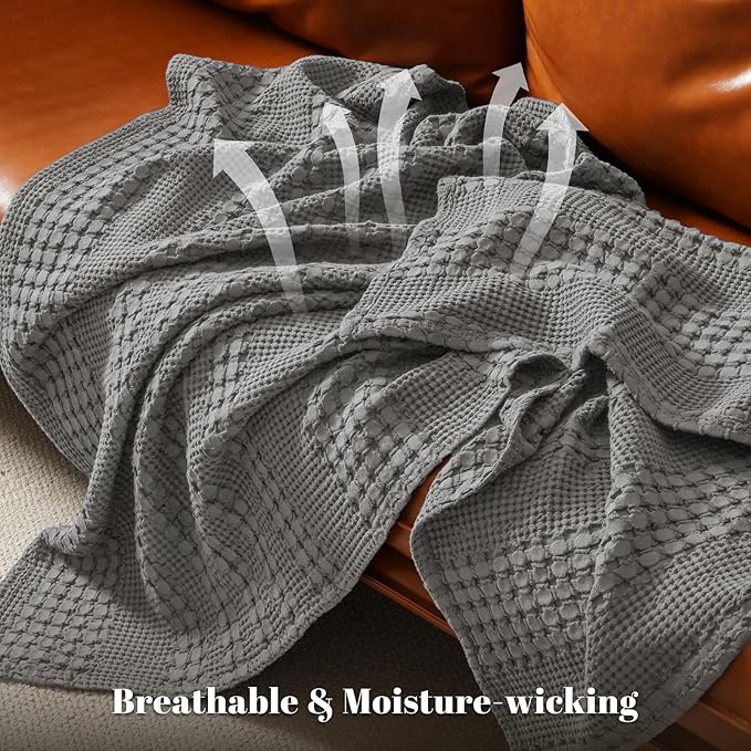 PHF 100% Cotton Waffle Weave Blanket Twin Size for Bed, Soft Lightweight & Breathable, All-Season Comfort, Luxury Aesthetic Woven Bedding for Home Decor, 66"x90", Dark Grey