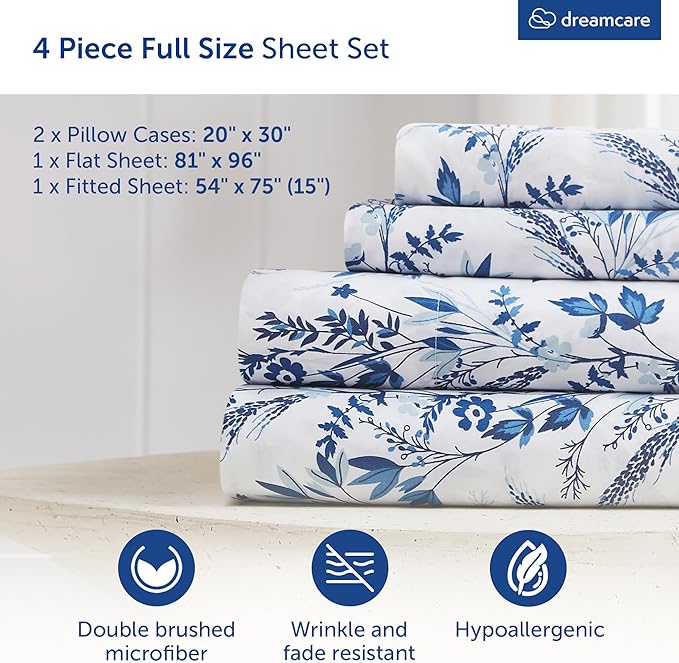 DREAMCARE Full Size Bed Sheets - Luxurious Floral Full Sheet Set - 4 Pc Ultra Soft Breathable Wrinkle Free Brushed Microfiber Floral Blue