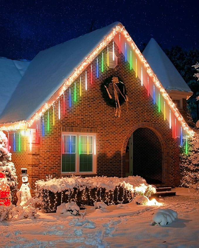 Joomer Christmas Lights Outdoor, 11.8 inch 10 Tubes 240 LED Meteor Shower Lights, LED Snow Falling Icicle Cascading Light with Timer Waterproof and Connectable for Christmas Decoration (Multicolor)