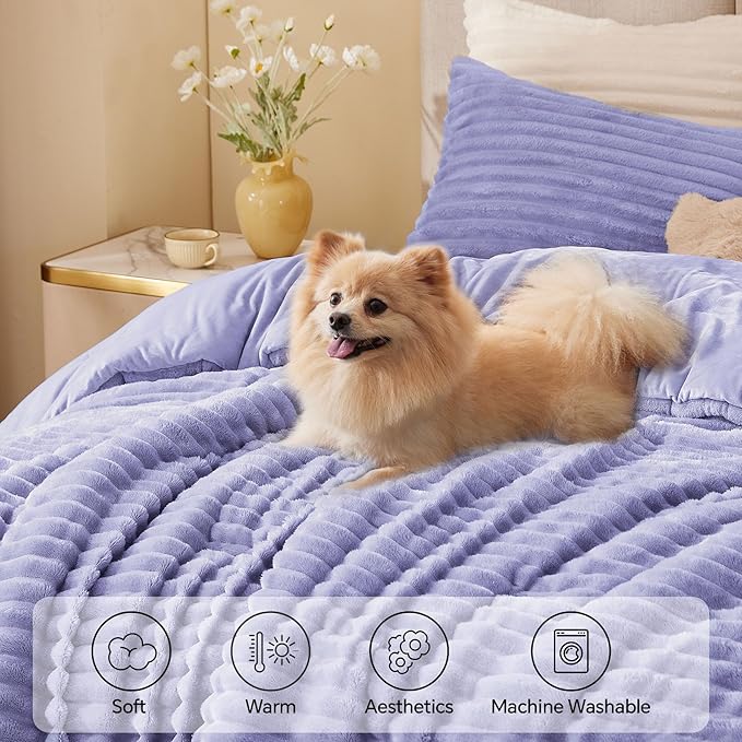 BEDELITE Fleece Queen Comforter Set -Super Soft & Warm Fluffy Lavender Bedding, Luxury Fuzzy Heavy Bed Set for Winter with 2 Pillow Cases