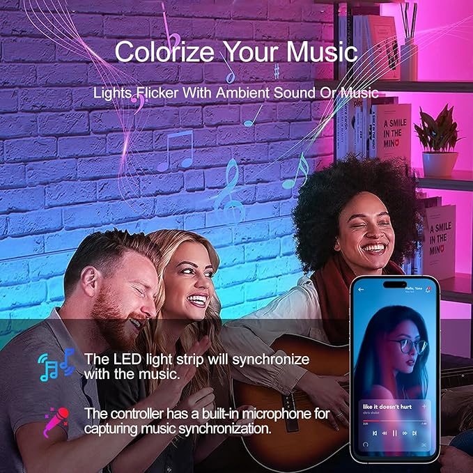 100 FT LED Lights For Bedroom，With 44 Key Infrared Remote Control And Bluetooth Application Smart LED Strip Lights, Music Synchronous Color Changing Light Strip, Used For Room Kitchen Party Decoration