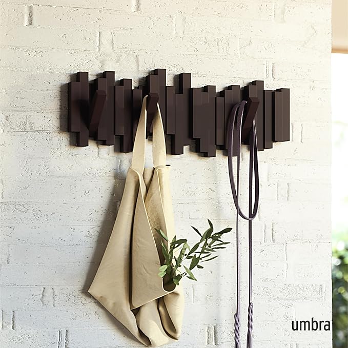 Umbra Sticks Wall-Mounted Coat Rack Rail Hook with 5 Retractable Pegs – Modern, Space-Saving Storage Organizer, Espresso