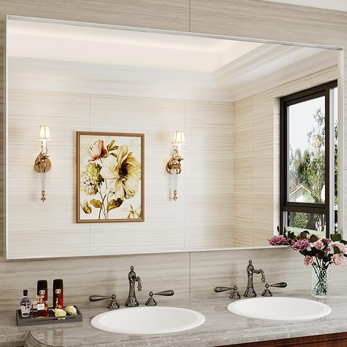 Suidia Bathroom Mirror, 60" x 36" Wall Mirror Metal Framed, Bathroom Vanity Mirror for Living Room Bedroom Bathroom Entryway, Silver, Rect Corner Style