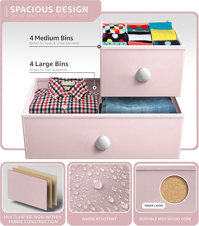 Sorbus Fabric Dresser for Kids Bedroom - Chest of 8 Drawers, Storage Tower, Clothing Organizer, for Closet, for Playroom, for Nursery, Steel Frame, Fabric Bins - Knob Handle (Pastel Pink)