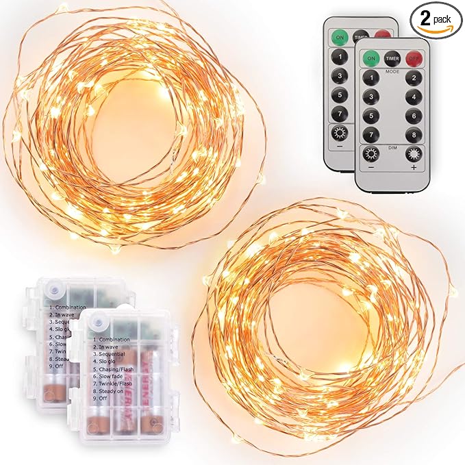 Tenergy 2 Pack Battery Operated LED String Lights, Includes 6 AA Batteries, 16.5ft Light String 50 Dimmable LEDs, Remote Control, Outdoor Ready for Christmas Decorations, Wedding Decor, UL Certified