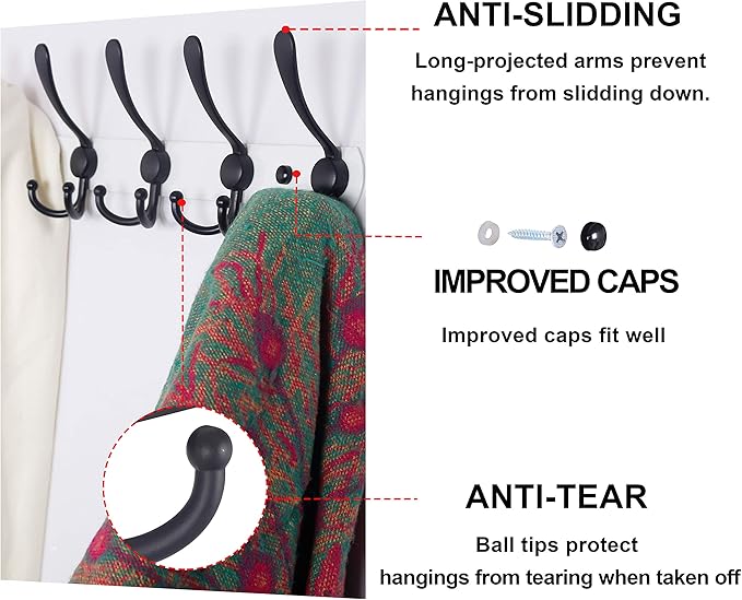 Dseap Wall Mounted Coat Rack - 5 Tri Hooks, Heavy Duty, Stainless Steel, Metal Coat Hook Rail for Coat Hat Towel Purse Robes Mudroom Bathroom Entryway (White & Black, 2 Packs)