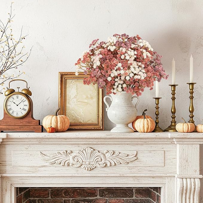 Baby Breath Flowers Fall Flowers Artificial Bulk, 10Pcs Fall Decor Fake Gypsophila Plants Bouquets Flowers Real Touch Faux Babies Breath Arrangement for Home Autumn Wedding Vase Decoration Fall Orange