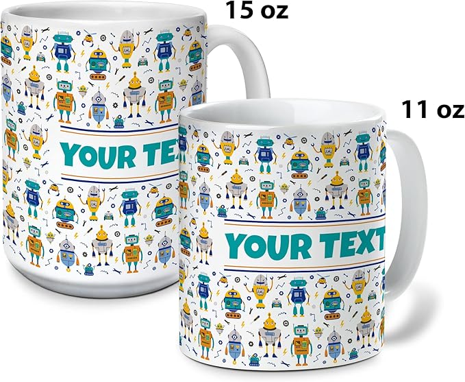 Personalized Mug for Kids - Robots - Custom Name/Text, Ceramic Hot Chocolate/Cocoa/Coffee Cup for Boys, Birthday/Christmas/Holiday Gift - 11 oz, Pink Handle