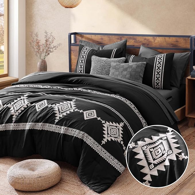 MaiRêve Embroidery King Size Comforter Set Black, Boho Farmhouse Western Bedding Set 7 Pieces, All Season Bed in A Bag Comforter Set with Sheets, Pillowcases & Shams