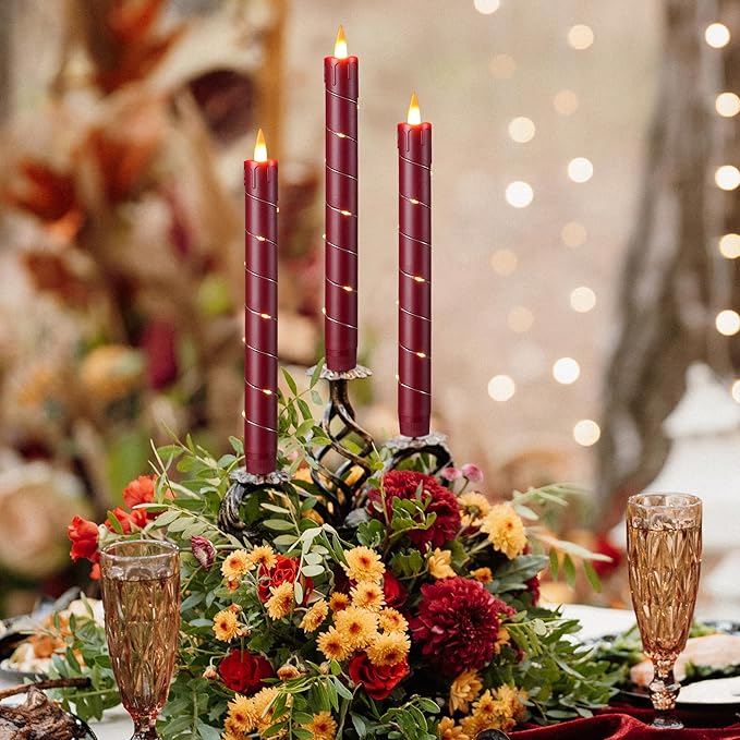 Da by 3 Pcs Flickering Flameless Battery Operated Taper Candle-Window Candles with Remote and Time-LED 3D Dynamic Flame-9.6 Inches for Wedding, Party,Home Decoration- Red