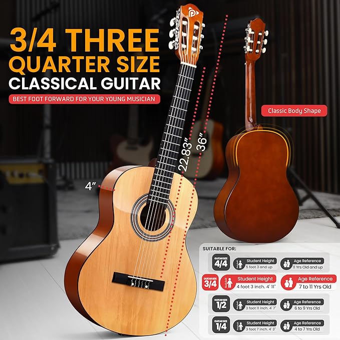 Pyle 6-String Classic Guitar-3/4 Size Scale Guitar with Digital Tuner & Accessory Kit (36’’ -inch), Right, 2 Ash, Gloss, (PGACLS82.X9)