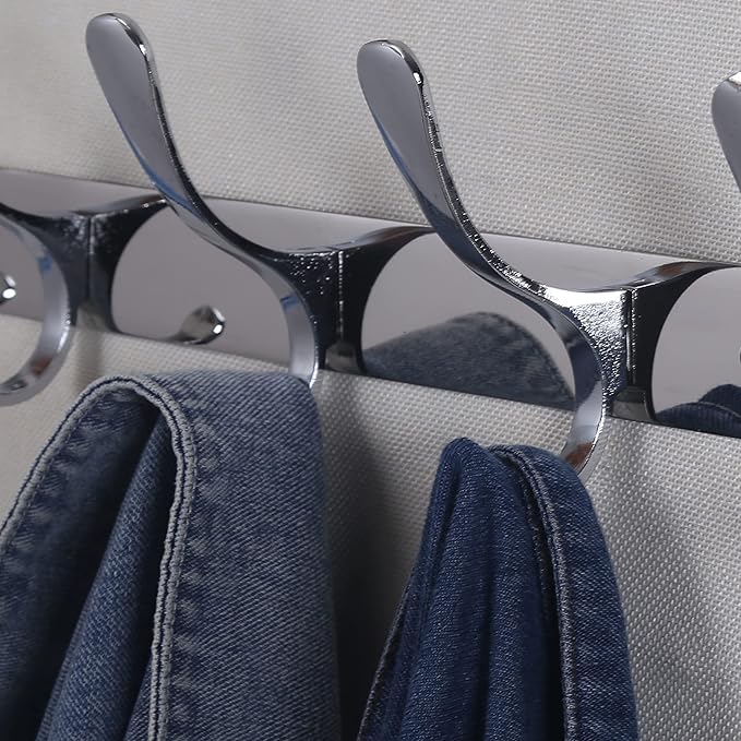 SKOLOO Coat Rack Wall Mount - Modern, Metal Wall Coat Rack with 5 Hooks, Pack of 2, Sturdy Wall Hook Rack Rail for Hanging Coat, Jacket, Clothes, Hat, Silver