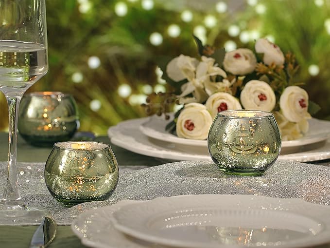 LAMORGIFT 24 Pcs Green Candle Holders - Mercury Glass Tealight Candle Holders for Spring Wedding, Birthday, Dinner Party Table Decor, Guest Favors