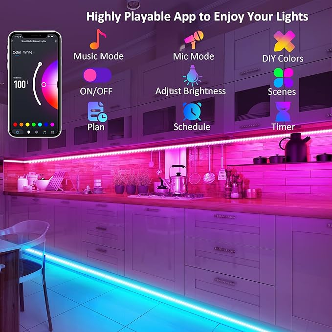 maylit 8 PCS 3.3FT Smart RGB Under Cabinet Lights Kit, Work with Alexa and Google Assistant, App and Remote Control, Music Sync Color Changing, Timer, Dimmable, for Cabinet, Counter, Shelf, Bookcase