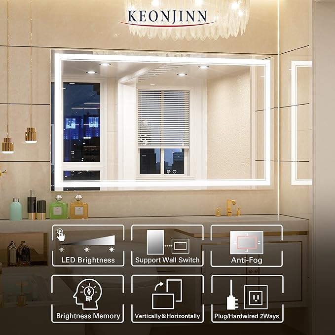 Keonjinn LED Bathroom Mirror with Lights 60 x 36 Inch, Large LED Vanity Mirror for Bathroom, HD Tempered Glass, UL Listed LED Driver, Easy to Install, Anti-Fog, Memory Dimmable 6000K, Frontlit Only