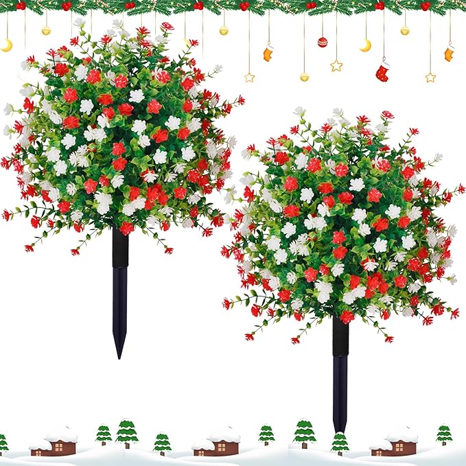 2 Pack Artificial Christmas Tree,Xmas Fake Topiary Ball Boxwood Trees with Ground Spikes,Faux Blooming Plants Shrubs Bushes for Outdoors Urn Filler Planters Garden Porch Christmas Decor