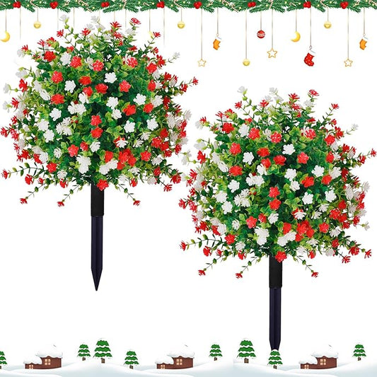 2 Pack Artificial Christmas Tree,Xmas Fake Topiary Ball Boxwood Trees with Ground Spikes,Faux Blooming Plants Shrubs Bushes for Outdoors Urn Filler Planters Garden Porch Christmas Decor