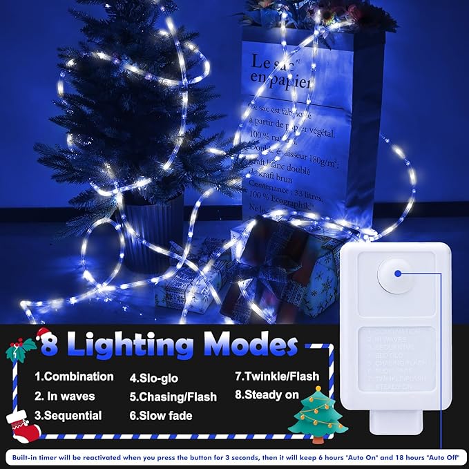 200ft LED Rope Lights Outdoor, 1440 LED Flexible Tube Lights with 8 Modes, Waterproof LED Rope Lighting for Outside Garden Patio Bedroom Party Pool Fences Indoor Outdoor Christmas Decor (White & Blue)