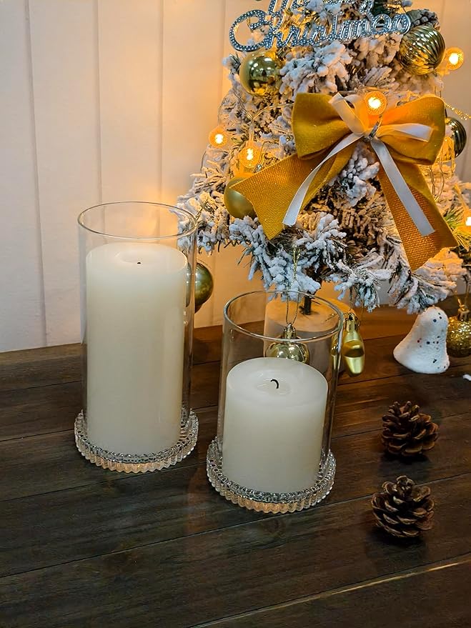 Vixdonos Hurricane Glass Candle Holders Set Pack 2 Serrated Round Candle Stand for Pillar Candles Modern CandleHolders with 5.1" 7.1" Tall Cylinder Chimney Cover for Outdoor Wedding Decor