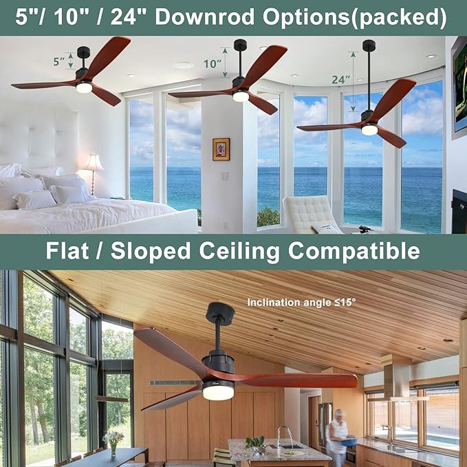 Sofucor Ceiling Fan with Lights, 60 Inch Low Profile Flush Mount Mordern Wood Ceiling Fan with Remote for Indoor Farmhouse Bedroom Living Room Outdoor Patio Porch, Reversible DC Motor, Noiseless