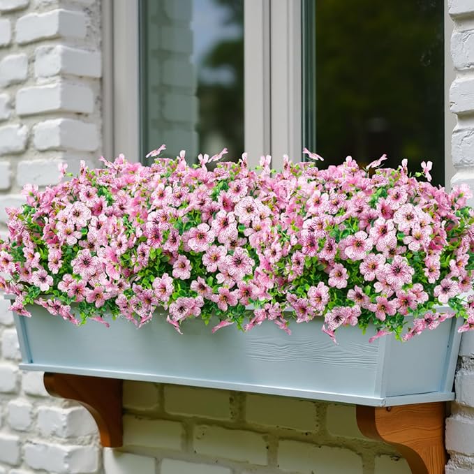 Ouddy Decor 24 Bundles Artificial Flowers for Outdoors Fake Silk Flowers UV Resistant Faux Plastic Plants for Spring Summer Garden Porch Window Box Table Vase Home Indoor Outdoor Decoration, Pink