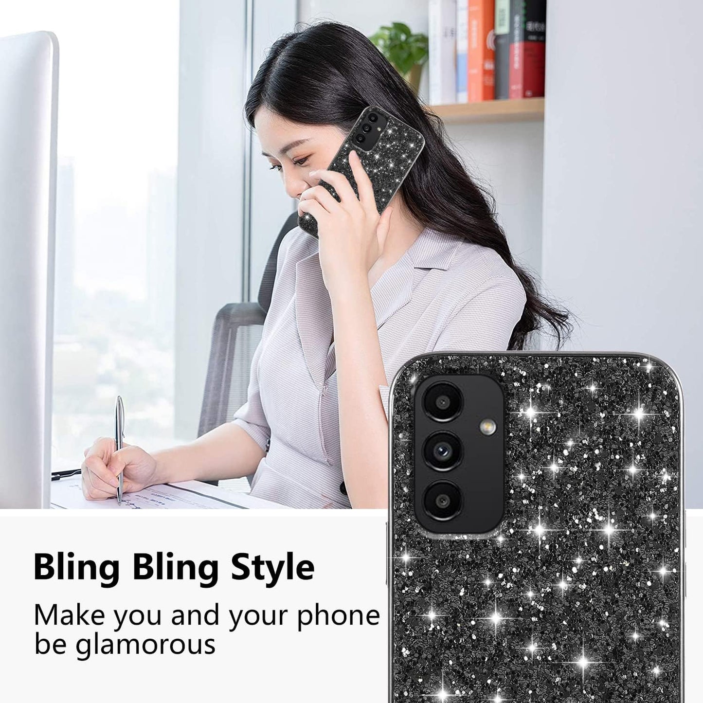 Samsung A15 Case, Glitter Shockproof Cover, Bling Sparkly TPU and PC Silicone Thin Protective for Women Girls, Black