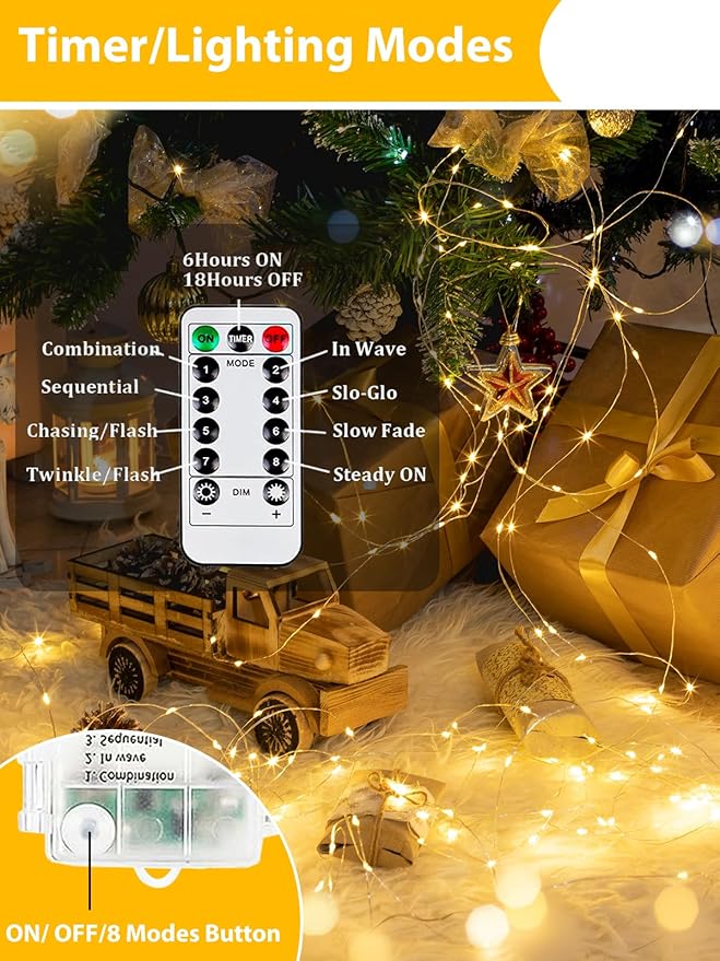 2 Pack 200LED Christmas Battery Operated Fairy Lights with Remote, 8 Modes String Light with Timer, Dimmable, Memory Function, Waterproof Twinkle Lights for Outdoor Indoor Christmas Decor(Warm White)
