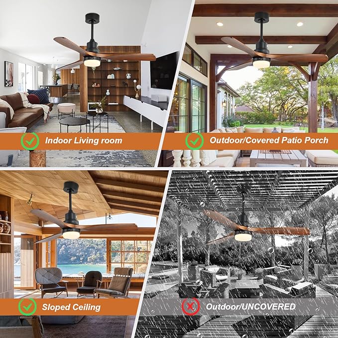 Sofucor 52 Inch Ceiling Fan with Lights and Remote, Low Profile Flush Mount Modern Wood Ceiling Fan for Indoor Bedroom Living Room Farmhouse Outdoor Patio Porch, Reversible DC Motor, Brown