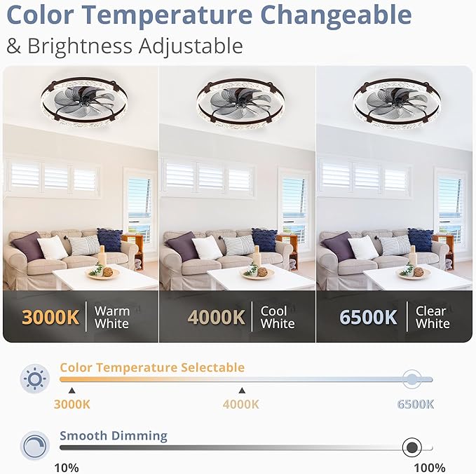 LEDIARY 2 Pack 24 Inch Modern Ceiling Fans with Lights and Remote, Dimmable Flush Mount Ceiling Fan, Brown Low Profile Ceiling Fan with 3 CCT and 6 Speeds
