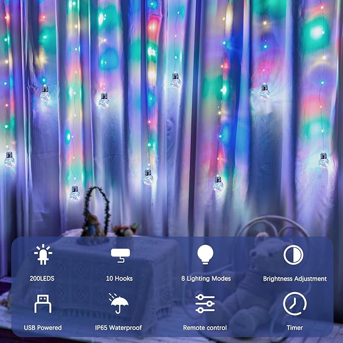 Minetom 200 LED Wishing Ball Curtain Lights - Fairy String Lights with Remote, USB Powered Waterproof for Christmas Wedding Party Bedroom Decoration, Multicolored