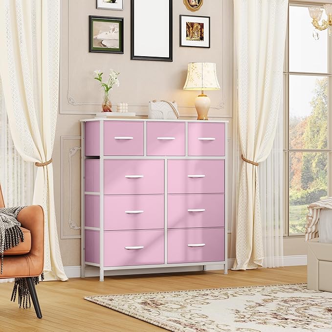 DWVO Dresser with 9 Drawers - Fabric Storage Tower, Organizer Unit for Living Room, Hallway - Sturdy Steel Frame, Wooden Top & Easy Pull Fabric Bins