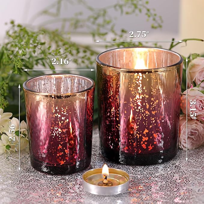 Volens 12pcs Assorted Burgundy Votive Candle Holders, Large Speckles Mercury Glass Votive & Tealight Candle Holder Bulk for Wedding Table Centerpiece, Burgundy and Gold Themed Party Decorations