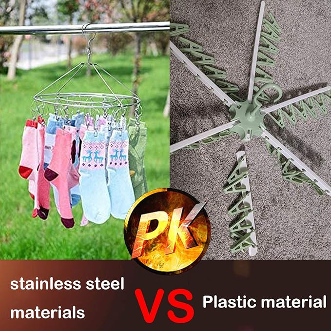 CenYouful 2 Pack Stainless Steel Round Hanging Drying Rack with 20 Clips for Drying Socks, Baby Clothes, Bras, Towel, Underwear, Hat, Scarf, Pants, Gloves