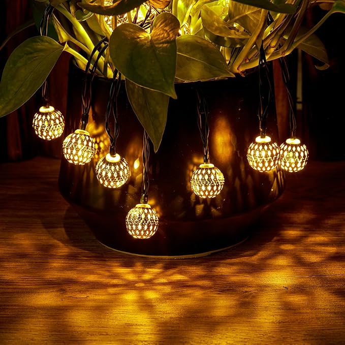 Solar Moroccan String Lights Outdoor 60 LED 36 Ft Globe Fairy Lights with 8 Lighting Modes, Waterproof Solar Powered String Lights for Garden Yard Gazebos Camping Party Holiday (Warm White)
