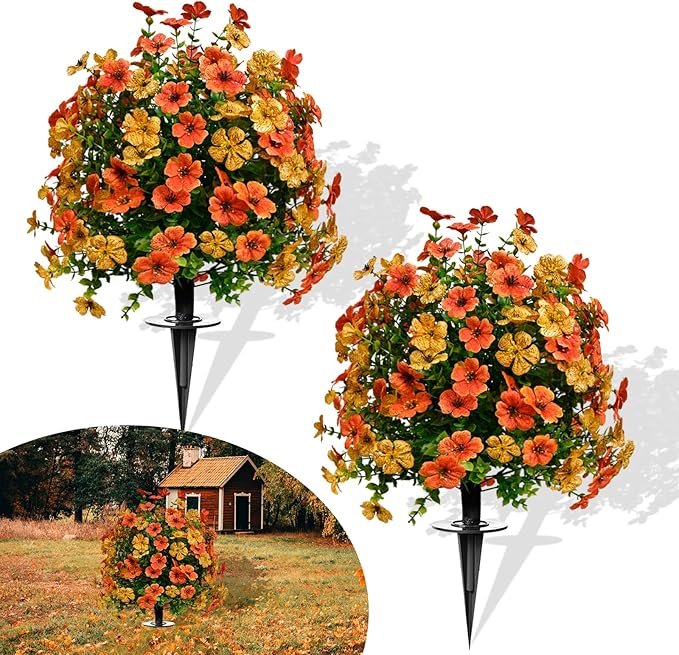 Artificial Topiary Bushes for Outdoors with Spike, Boxwood Ball Fake Shrubs UV Resistant Faux Plants for Indoor Outdoor Fall Thanksgiving Halloween Decor (Orange Green)