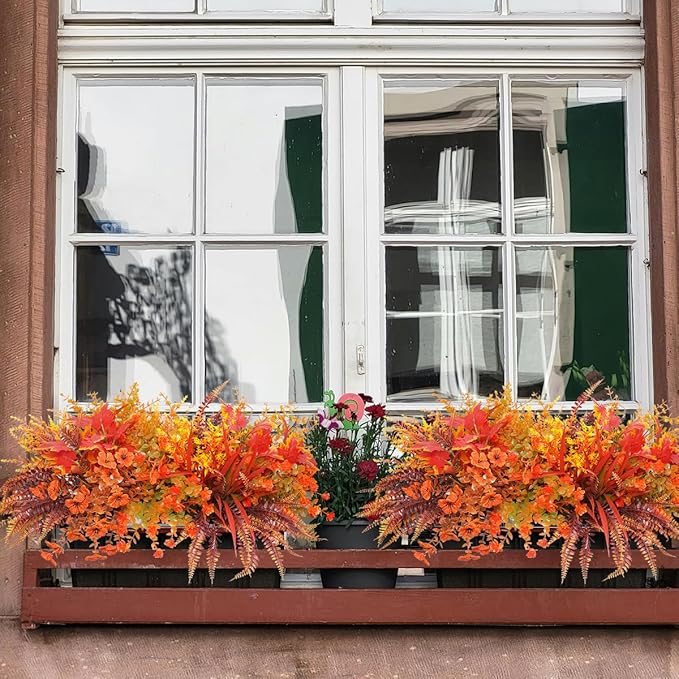 15PCS Artificial Fall Plants for Outdoors, Orange Fake Grass Plants Flowers for Autumn Decorations, UV Resistant Faux Foliage Greenery Bushes for Window Porch Garden Yard Décor