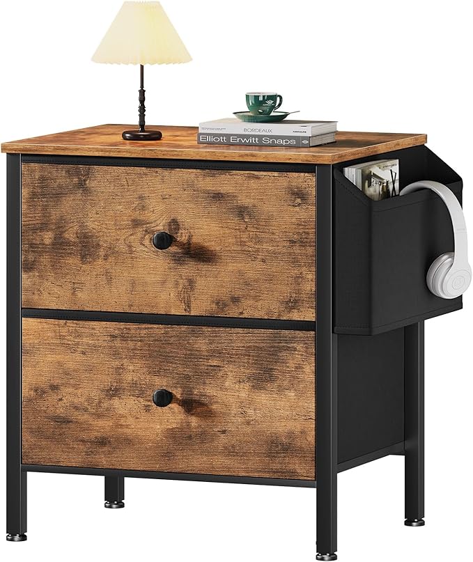 BOLUO Night Stand with Drawers for Bedroom - Small nightstand with Pocket 2 Drawer Dresser End Table Brown