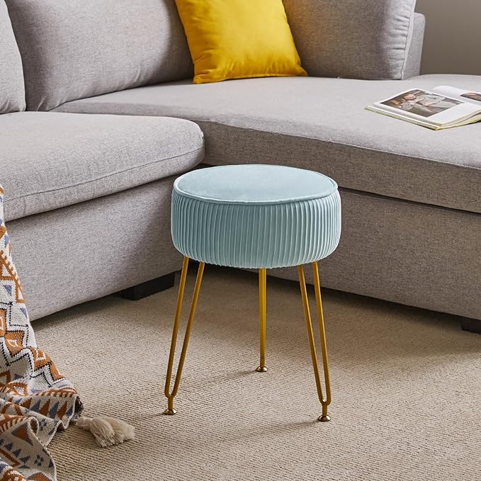 IBUYKE Velvet Round Footrest Stool Ottoman, Makeup Vanity Stool Side Table, Velvet Dressing Table Seat, Pouf Couch Stool, Golden Steel Legs, Blue LG-30H