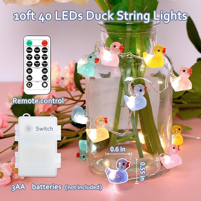 Impress Life Duck String Lights with Remote Timer, 10FT 40LEDs Cute Indoor String Lights, Warm White Glow Fairy Lights Battery Operated or USB for Bedroom Party Garden Decor