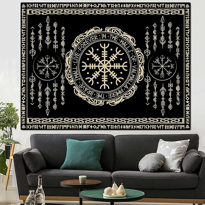 OSUNBD Nordic Vikings Tapestry Magical Runic Compass Wall Hanging Home Decor Vegvisir Runes Artwork Pagan Tapestry Art Hanging Decor Large Size 78.7”x59.1” for Bedroom Living Room Dorm