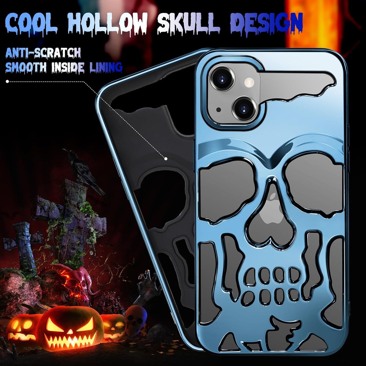iPhone 13 Phone Case, Sierra Blue Cool Skull Skeleton Gothic Hollow Design for Men & Women