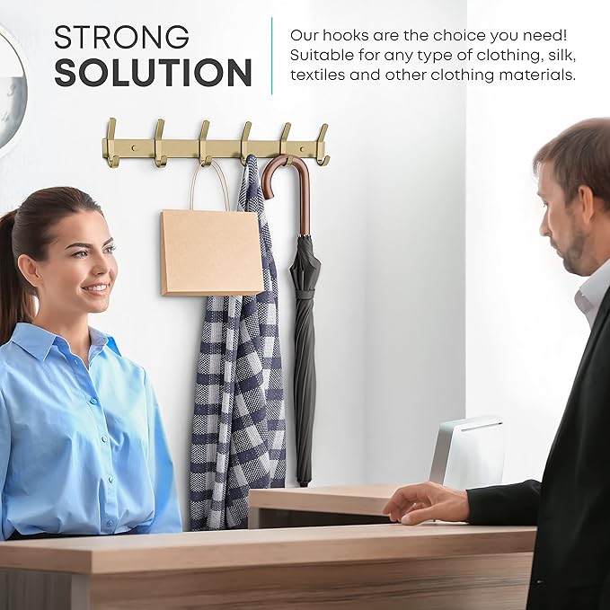 Brushed Gold Wall Mounted Coat Rack – 17 Inch Stainless Steel Rail with 6 Double Coat Hooks for Entryway, Bathroom, Bedroom, Kitchen – Modern Gold Hook Rack for Coats, Hats, Towels - 2 Pack